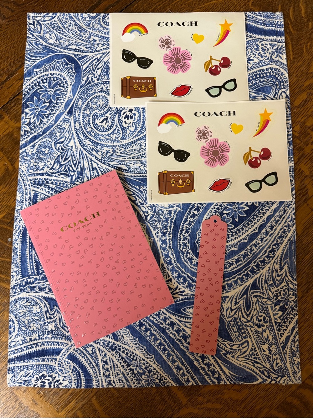 COACH Pink 💗 with Gold Hearts Notepad & Bookmark + 2 Sheets of COACH Stickers-🆕